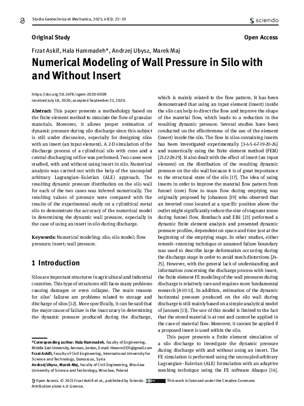 (PDF) Numerical Modeling of Wall Pressure in Silo with and Without Insert