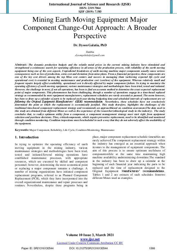 (PDF) Mining Earth Moving Equipment Major Component Change-Out Approach ...