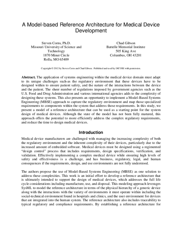 (PDF) A Model-based Reference Architecture for Medical Device Development