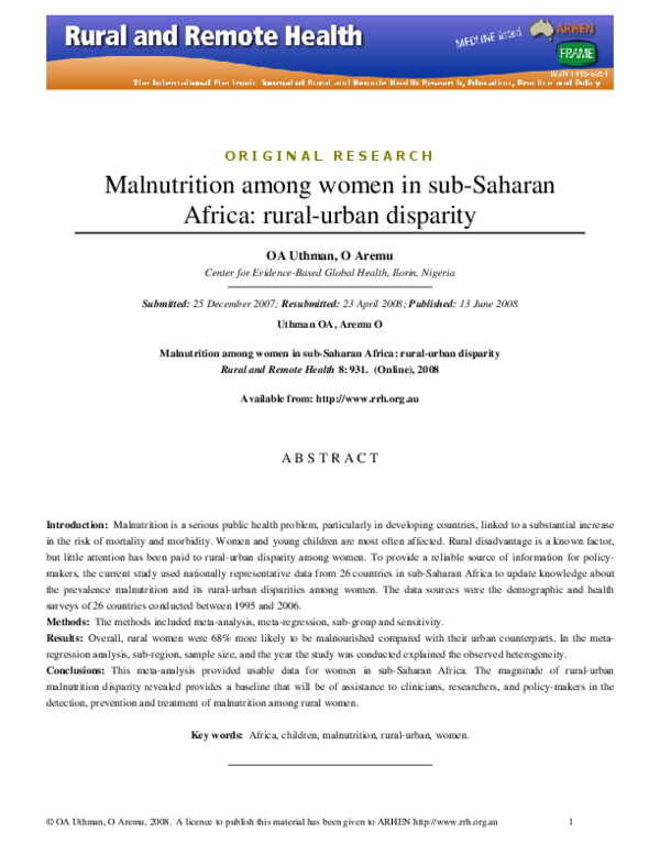(PDF) Malnutrition among women in sub-Saharan Africa: rural-urban disparity