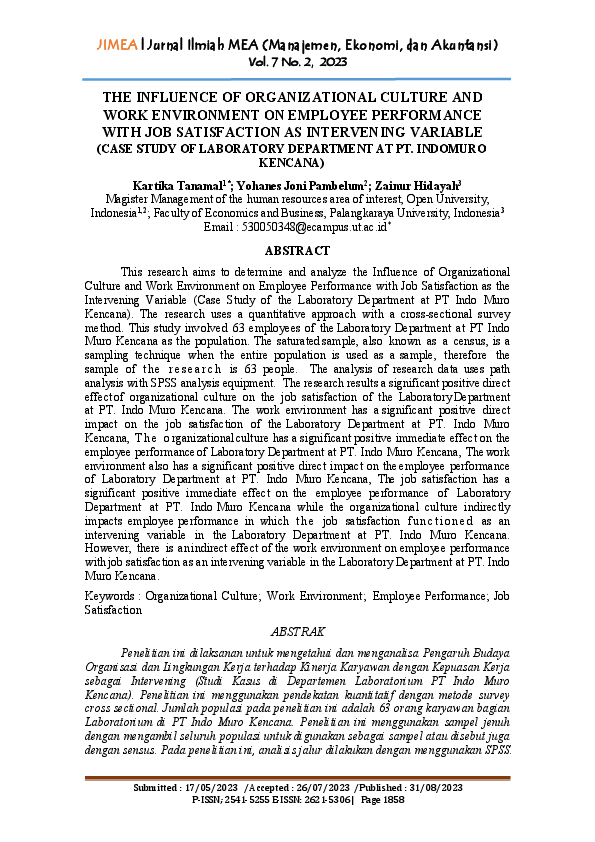 (PDF) The Influence of Organizational Culture and Work Environment on ...