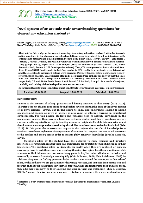 (PDF) Development of an attitude scale towards asking questions for ...