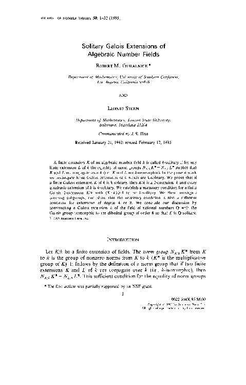 (PDF) Solitary Galois Extensions of Algebraic Number Fields