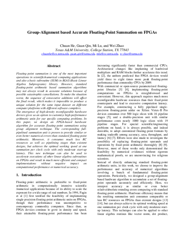 (PDF) Group-Alignment based Accurate Floating-Point Summation on FPGAs