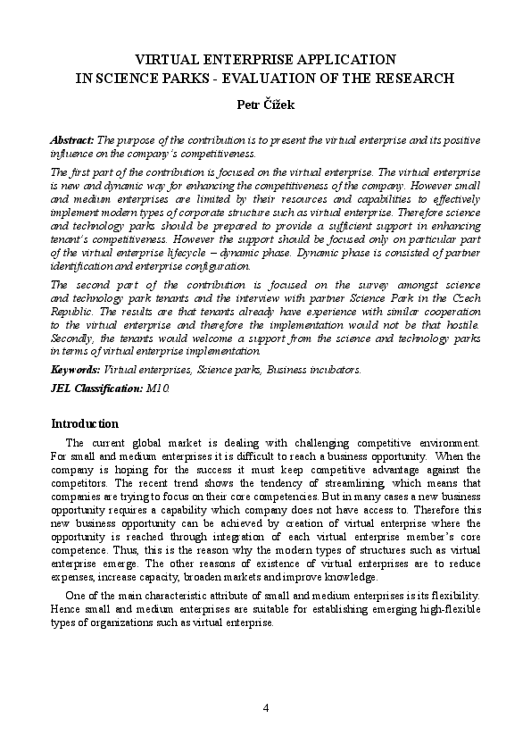 (PDF) Virtual enterprise application in science parks - evaluation of ...