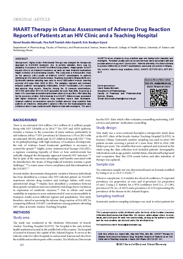 (PDF) HAART Therapy in Ghana: Assessment of Adverse Drug Reaction ...