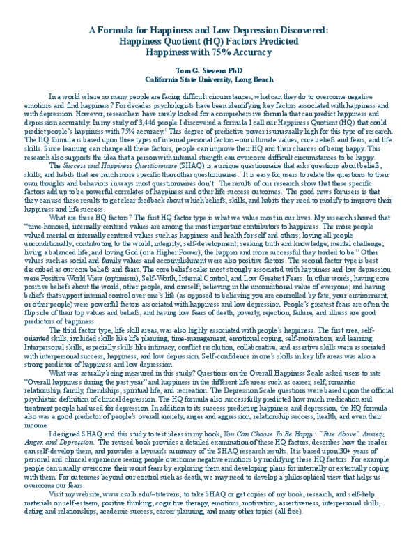 (PDF) A Formula for Happiness and Low Depression Discovered: Happiness ...