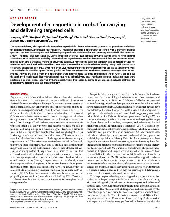 (PDF) Development of a magnetic microrobot for carrying and delivering ...