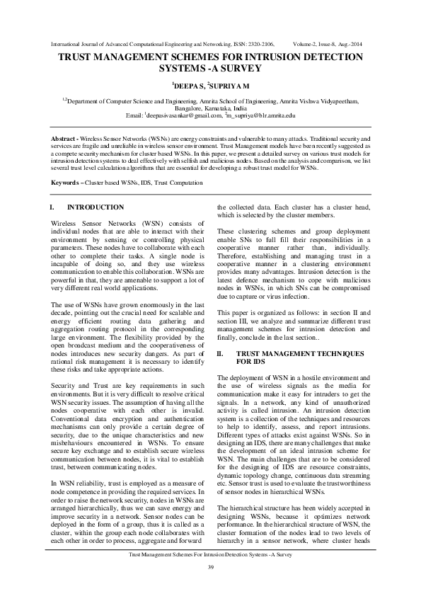 (PDF) Trust Management Schemes for Intrusion Detection Systems - A Survey
