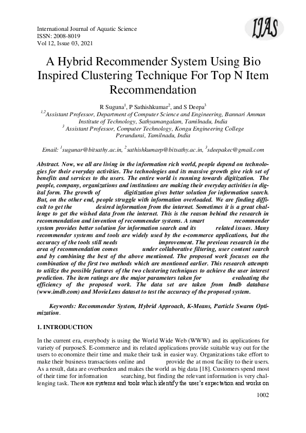 (PDF) A Hybrid Recommender System Using Bio Inspired Clustering ...