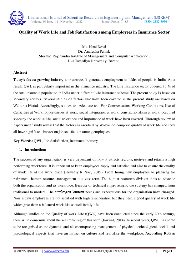 (PDF) Quality of Work Life and Job Satisfaction among Employees in ...