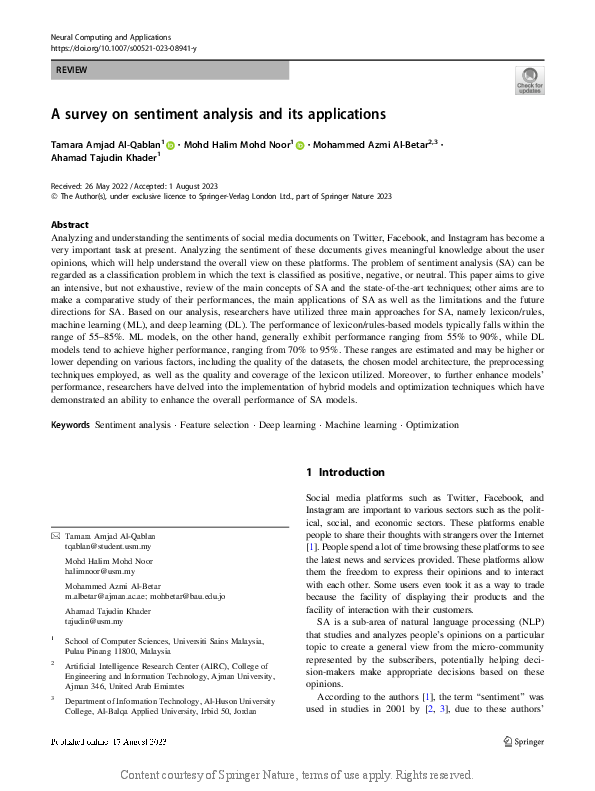 (PDF) A survey on sentiment analysis and its applications
