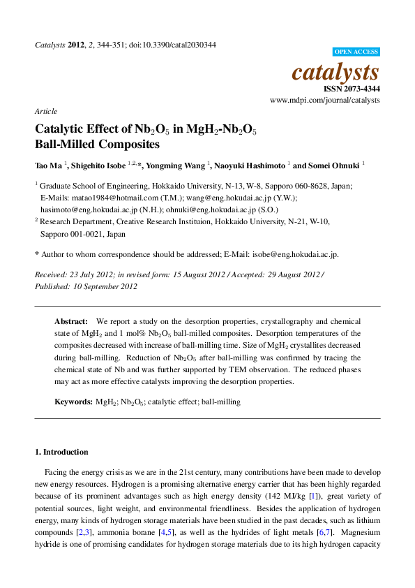 (PDF) Catalytic Effect of Nb 2 O 5 in MgH 2 -Nb 2 O 5 Ball-Milled ...