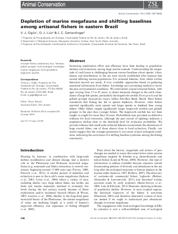 (PDF) Depletion of marine megafauna and shifting baselines among ...