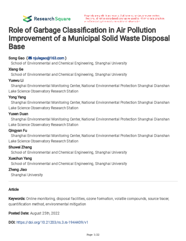 (PDF) Role of Garbage Classification in Air Pollution Improvement of a ...