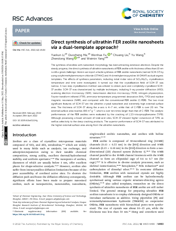 (PDF) Direct synthesis of ultrathin FER zeolite nanosheets via a dual ...