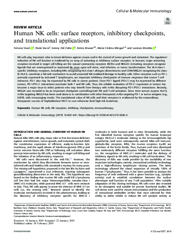 (PDF) Human NK cells: surface receptors, inhibitory checkpoints, and ...