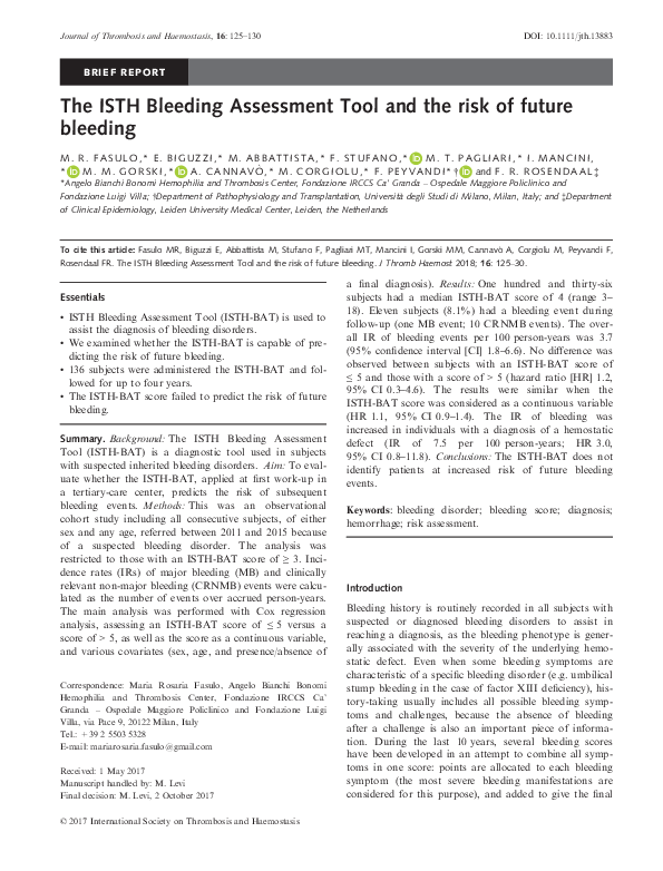 (PDF) The ISTH Bleeding Assessment Tool and the risk of future bleeding