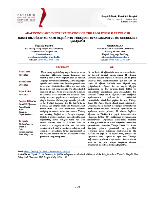 (PDF) Adaptation and Initial Validation of the L2-GRIT Scale in Turkish