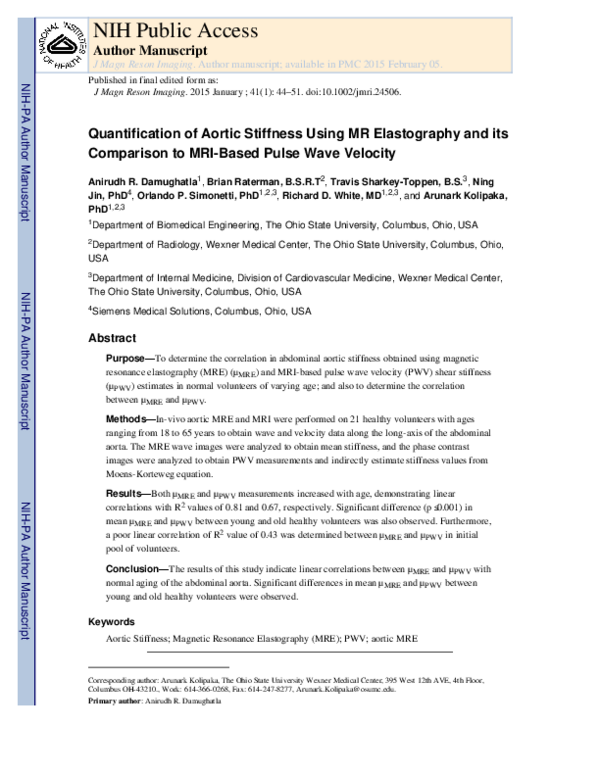 (PDF) Quantification of aortic stiffness using MR Elastography and its ...