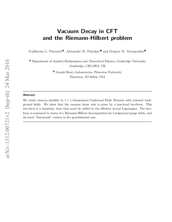 (PDF) Vacuum Decay in CFT and the Riemann-Hilbert problem