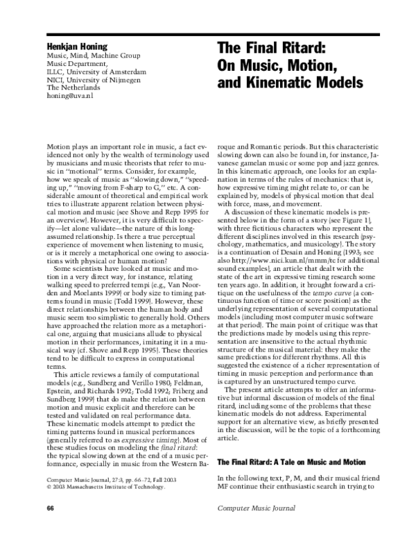 (PDF) The Final Ritard: On Music, Motion, and Kinematic Models