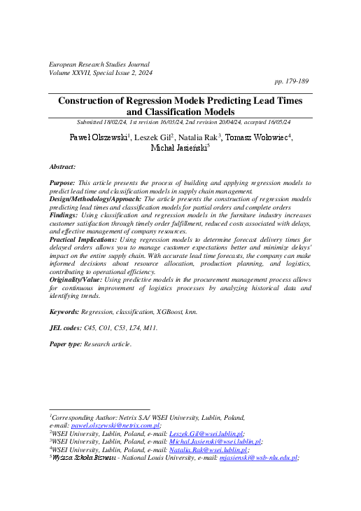 (PDF) Construction of Regression Models Predicting Lead Times and ...