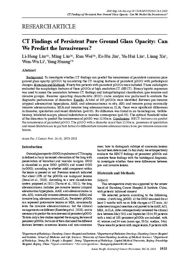 (PDF) CT Findings of Persistent Pure Ground Glass Opacity: Can We ...
