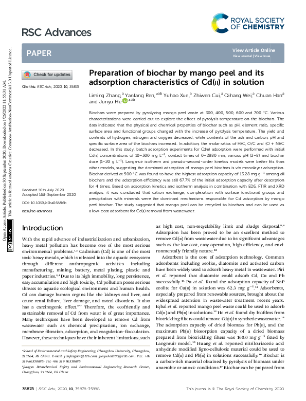 (PDF) Preparation of biochar by mango peel and its adsorption ...