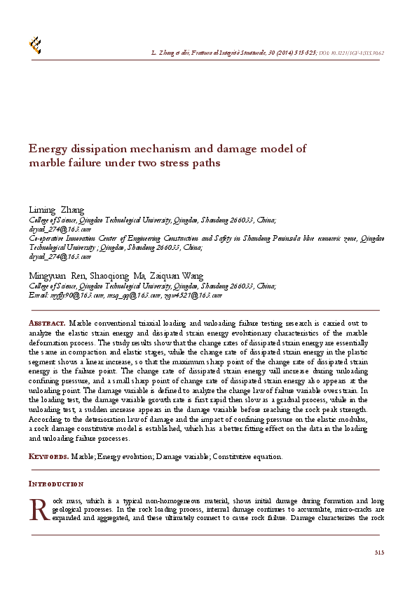 (PDF) Energy dissipation mechanism and damage model of marble failure ...