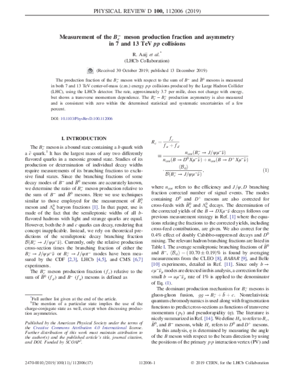(PDF) Measurement of the B c − meson production fraction and asymmetry ...