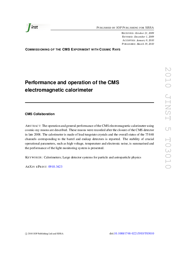 (PDF) Performance and operation of the CMS electromagnetic calorimeter