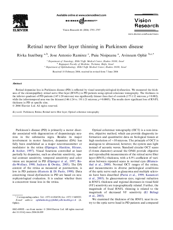 (PDF) Retinal nerve fiber layer thinning in Parkinson disease
