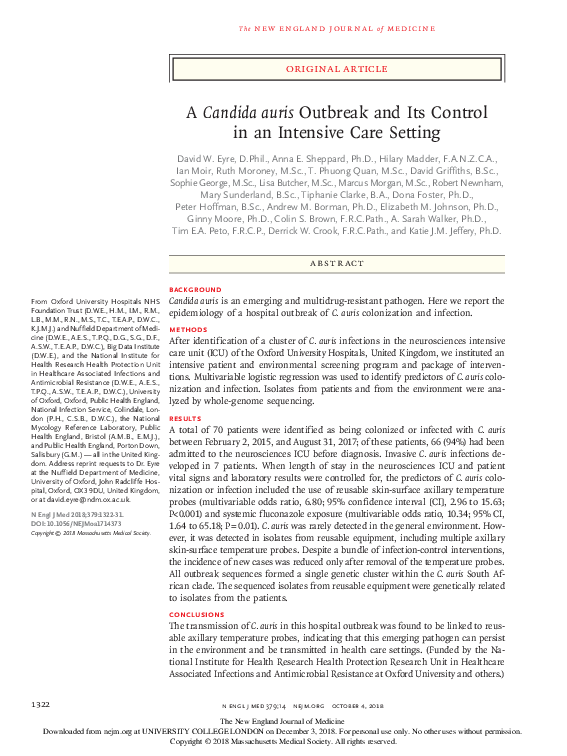 (PDF) A Candida auris Outbreak and Its Control in an Intensive Care Setting