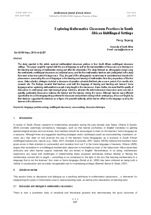 (PDF) Exploring Mathematics Classroom Practices in South African ...