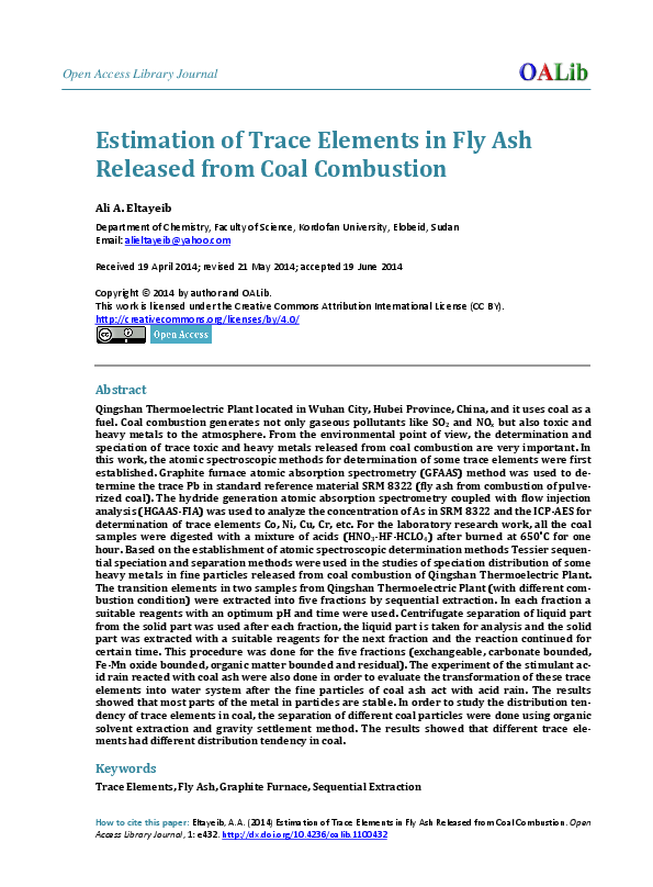 (PDF) Estimation of trace elements in fly ash released from coal combustion