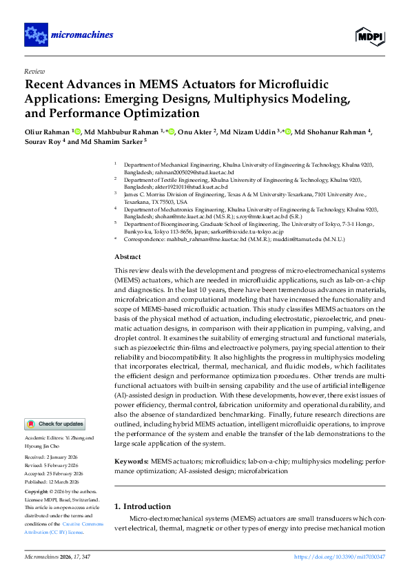 (PDF) Recent Advances in MEMS Actuators for Microfluidic Applications ...
