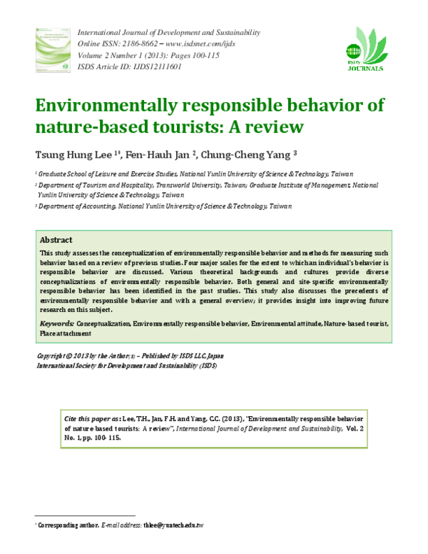 (PDF) Environmentally responsible behavior of nature-based tourists: A ...