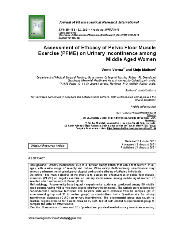 (PDF) Assessment of Efficacy of Pelvic Floor Muscle Exercise (PFME) on ...