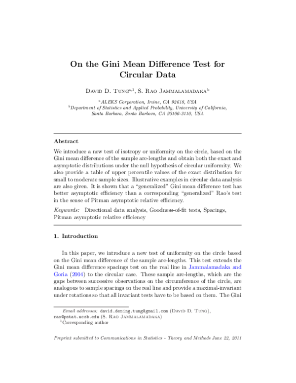 (PDF) On the Gini Mean Difference Test for Circular Data