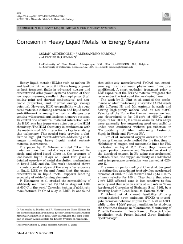 (PDF) Corrosion in Heavy Liquid Metals for Energy Systems