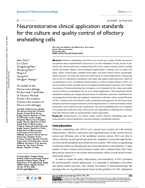 (PDF) Neurorestorative clinical application standards for the culture ...