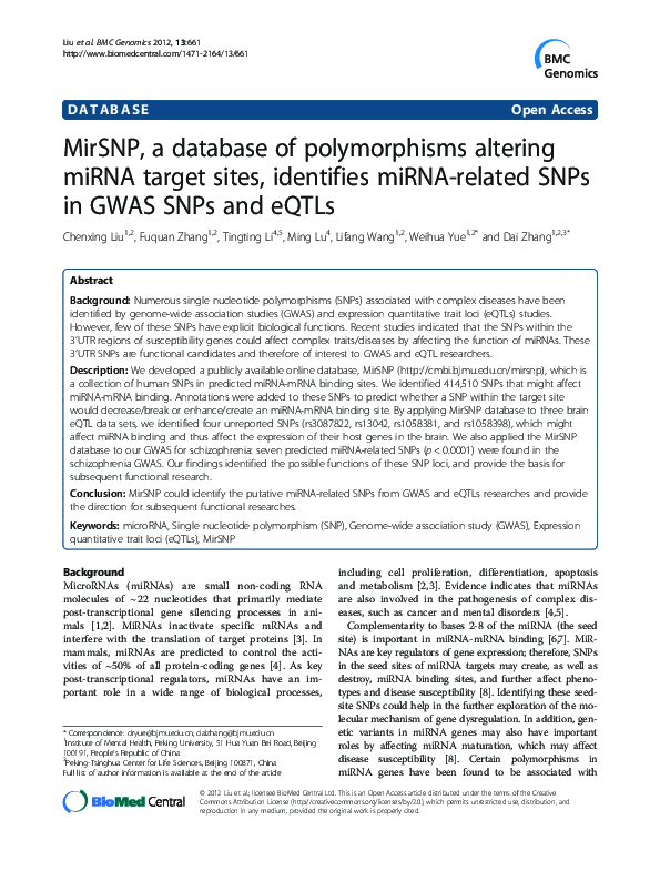 (PDF) MirSNP, a database of polymorphisms altering miRNA target sites ...