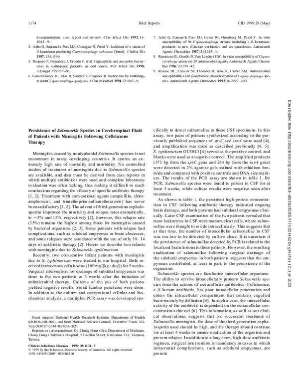 (PDF) Persistence of Salmonella Species in Cerebrospinal Fluid of ...