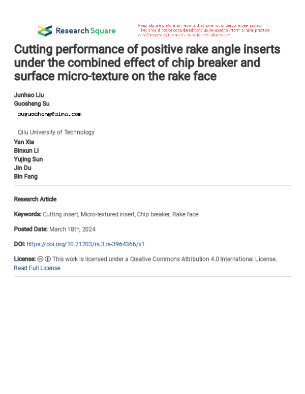(PDF) Cutting performance of positive rake angle inserts under the ...