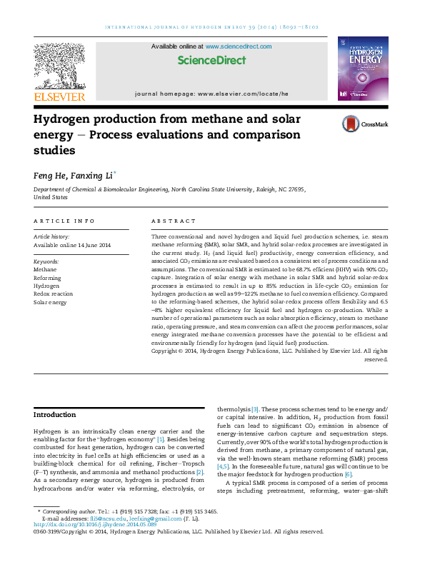 (PDF) Hydrogen production from methane and solar energy – Process ...