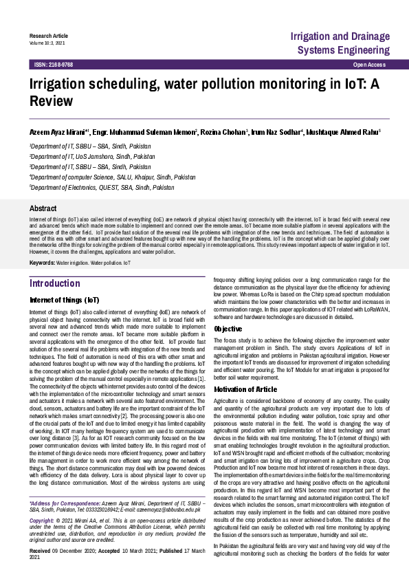 (PDF) Irrigation scheduling, water pollution monitoring in IoT: A Review