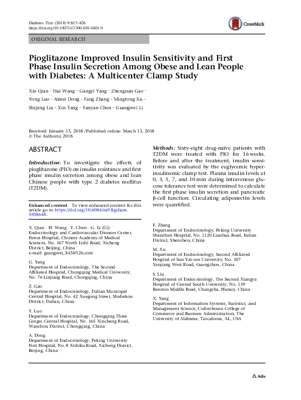 (PDF) Pioglitazone Improved Insulin Sensitivity and First Phase Insulin ...