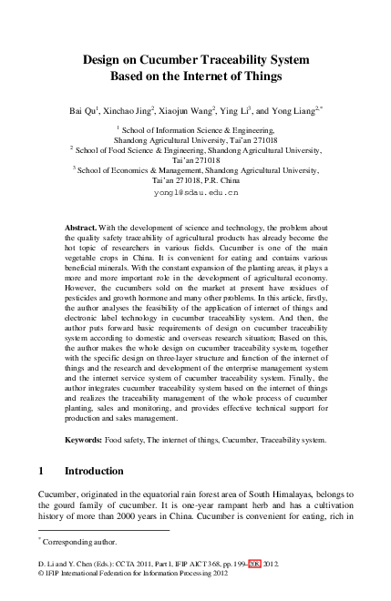 (PDF) Design on Cucumber Traceability System Based on the Internet of ...
