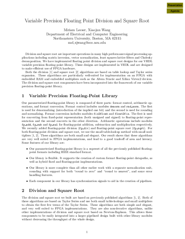 (PDF) Variable Precision Floating Point Division and Square Root